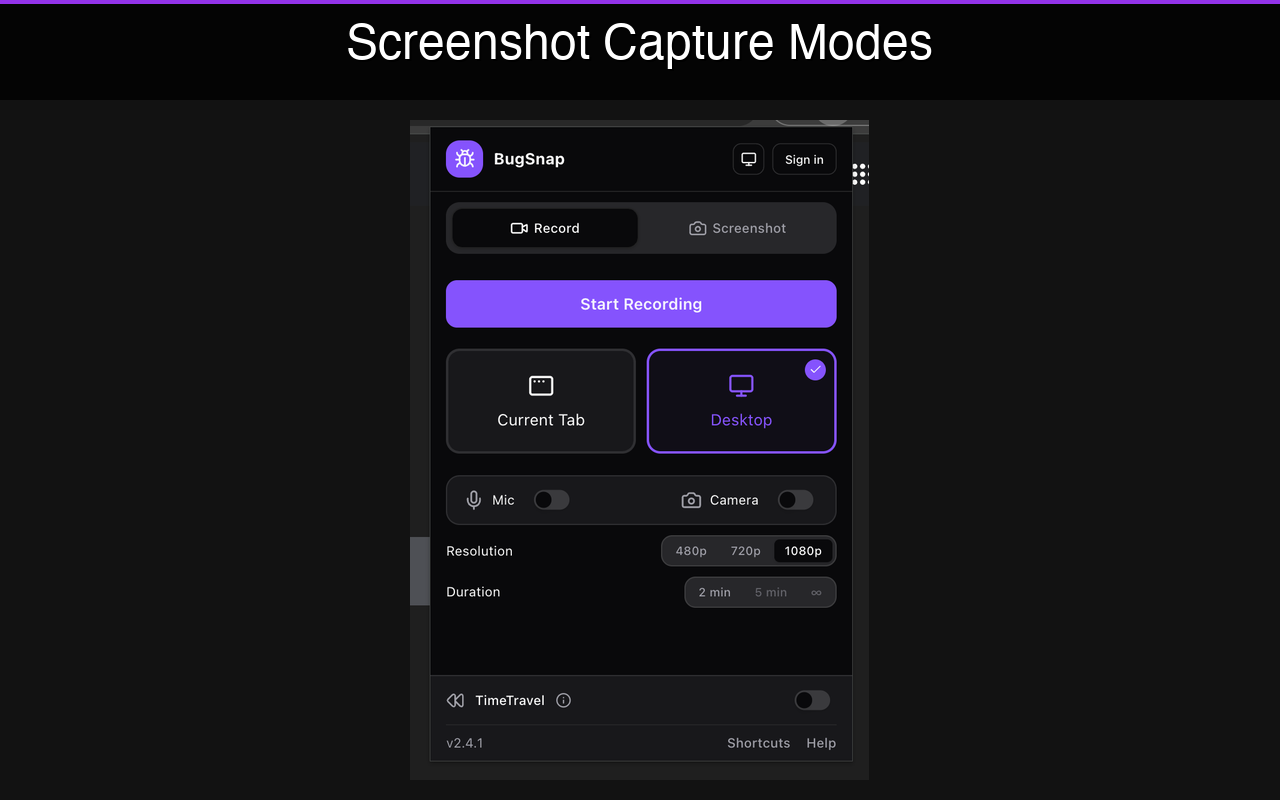 BugRepro browser extension showing recording options